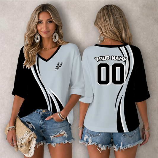 [HOT DEAL] NEW CUSTOMIZED NBA23 SAS SAN ANTONIO SPURS WOMEN'S HEART V-NECK LONG SLEEVE SHIRT