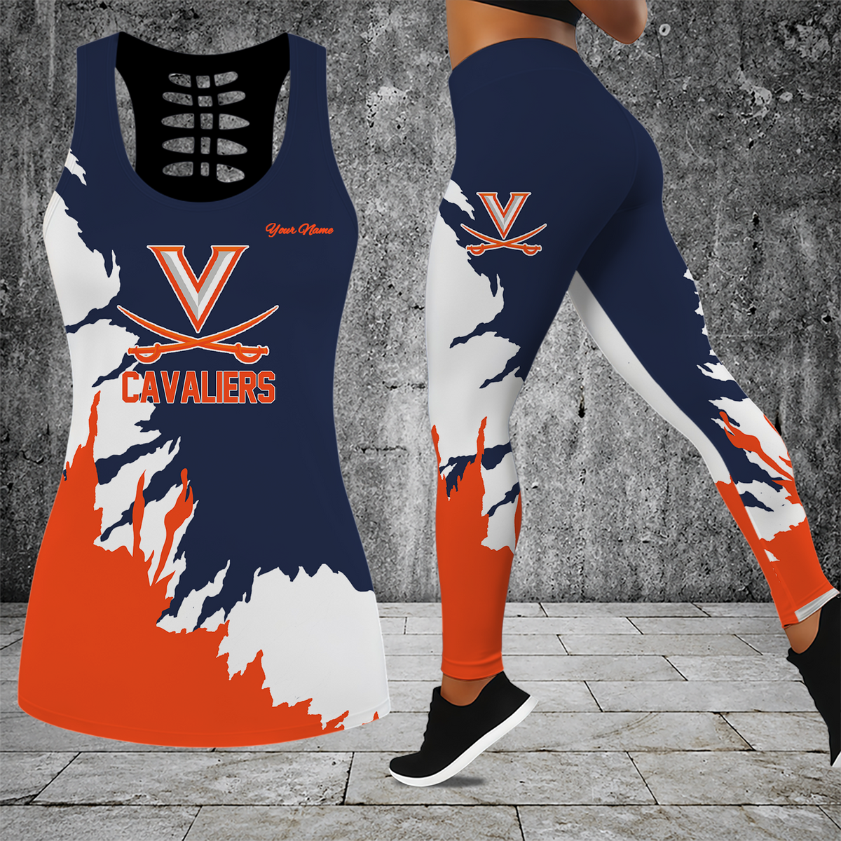 [FAN FAVORITE] NEW CUSTOMIZED NCAA MAM23 VIC VIRGINIA CAVALIERS STRAPPY HOLLOW TANK TOP & LEGGINGS SET