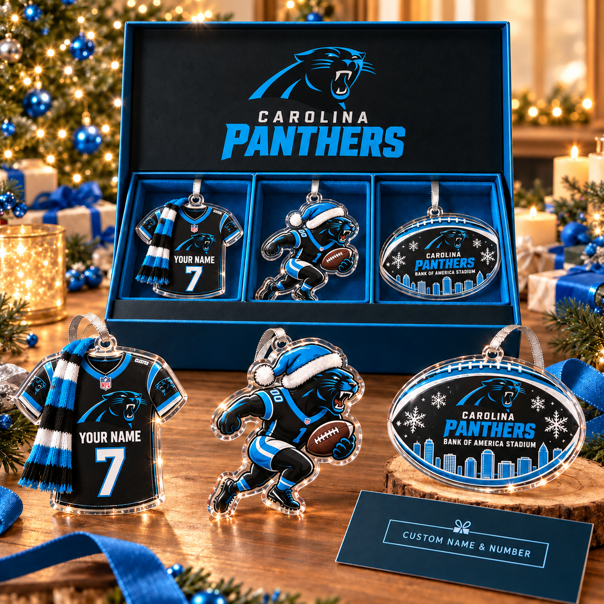 [FULL SET 3 ITEMS - NO BOX] NEW CUSTOMIZED NFL23 CLP CAROLINA PANTHERS CHRISTMAS ACRYLIC ORNAMENT