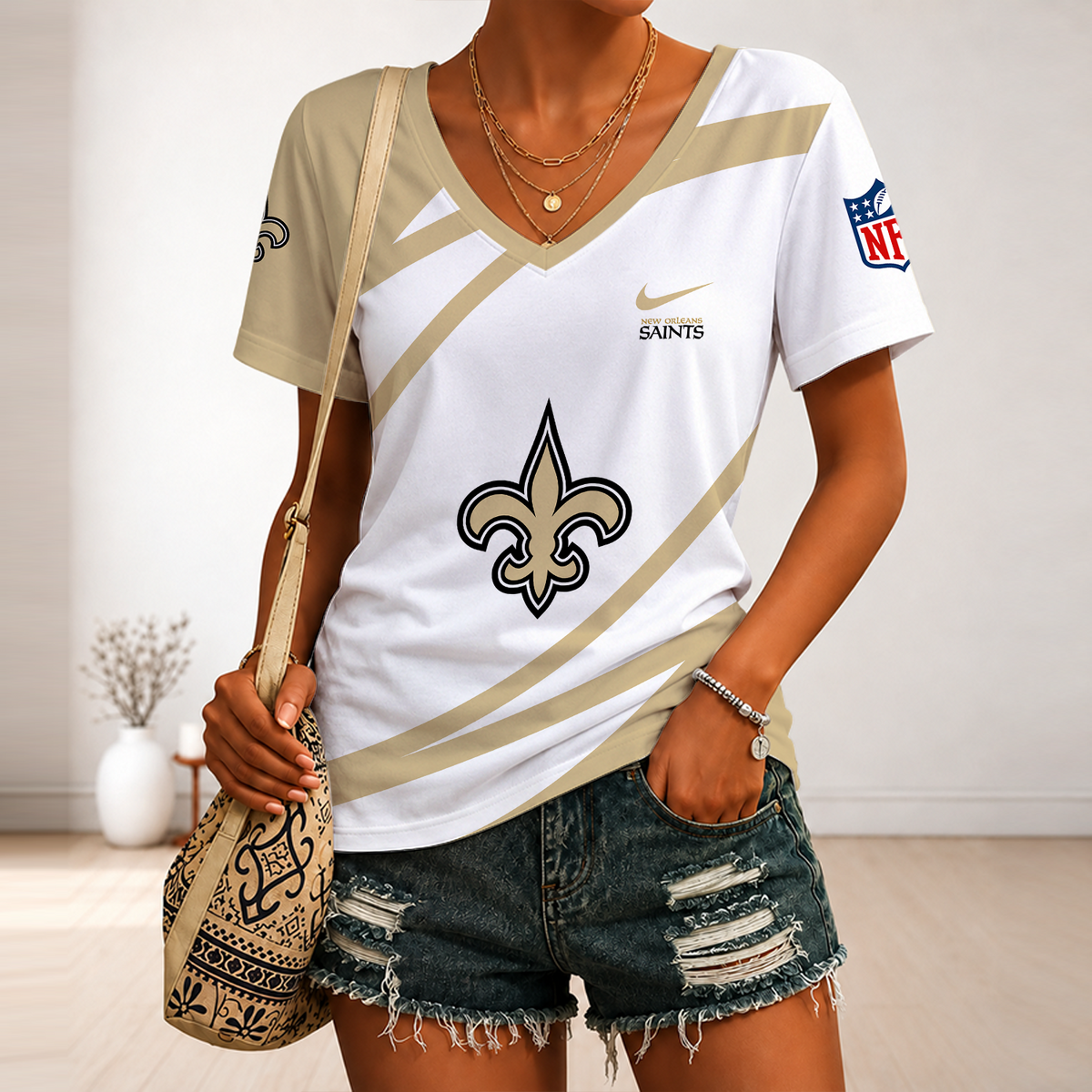 [SPECIAL OFFER] NEW CUSTOMIZED NFL24 NOS NEW ORLEANS SAINTS V-NECK FEMALE SHIRT