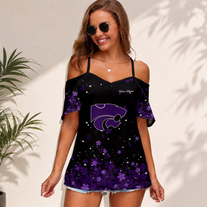 [FAN FAVORITE] NEW CUSTOMIZED NCAA FBS24 KSW KANSAS STATE WILDCATS WOMEN'S STRAPPY OFF-SHOULDER TOP