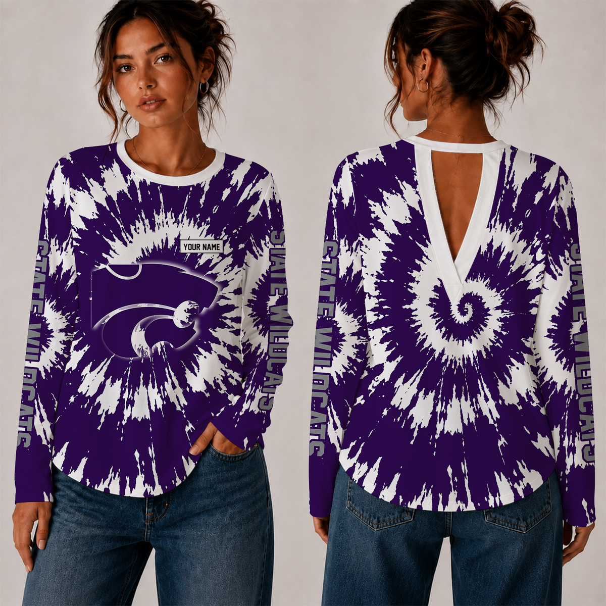 [FAN FAVORITE] NEW CUSTOMIZED NCAA FBS24 KSW KANSAS STATE WILDCATS WOMEN'S BACK V-CUT LONG-SLEEVE SHIRT