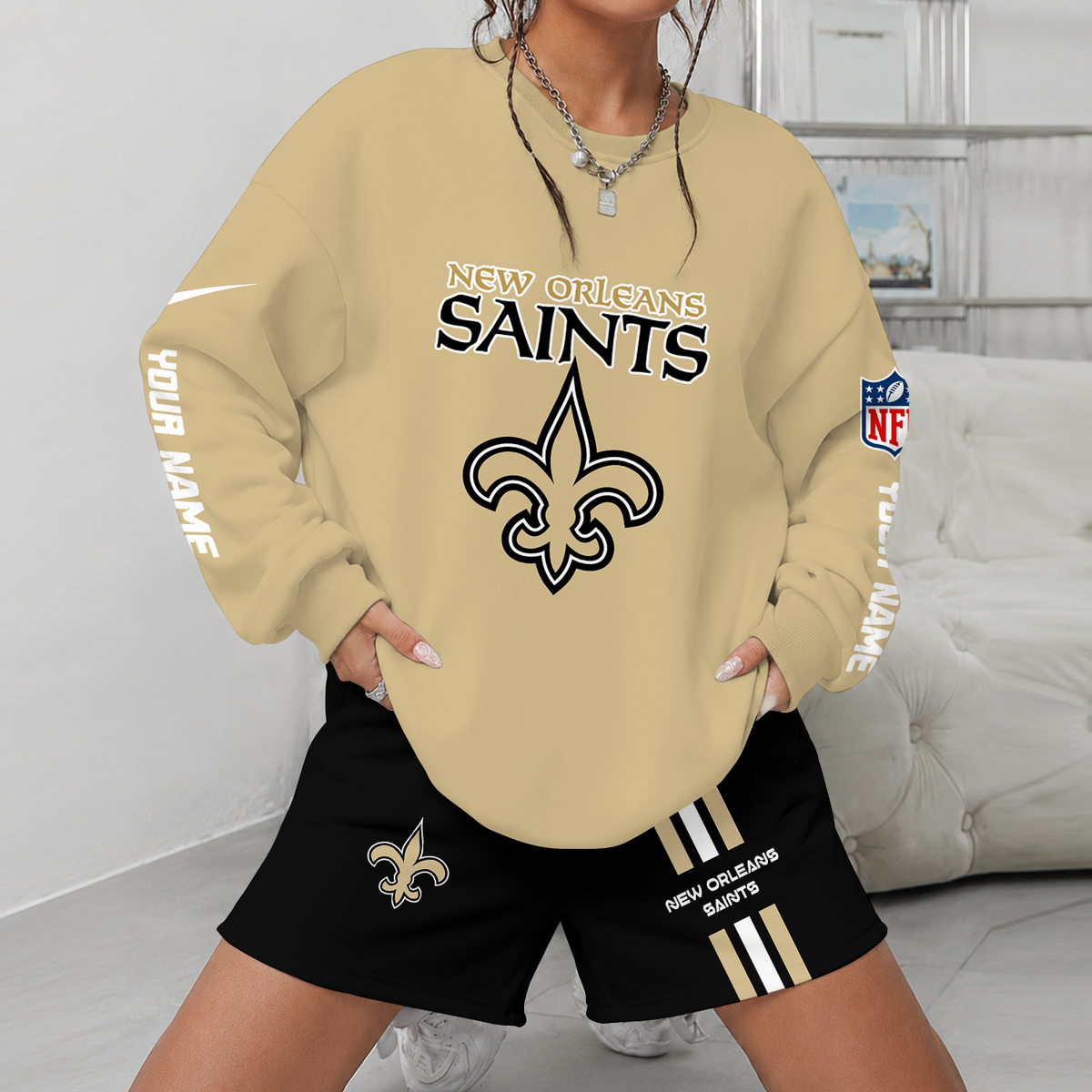 [SPECIAL OFFER] NEW CUSTOMIZED NFL24 NOS NEW ORLEANS SAINTS UNISEX SWEATSHIRT & SHORTS SET