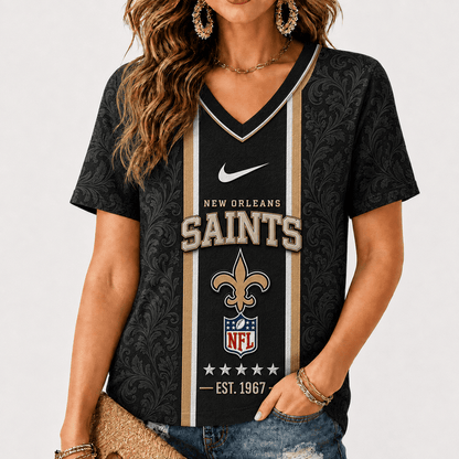 [SPECIAL OFFER] NEW CUSTOMIZED NFL24 NOS NEW ORLEANS SAINTS V-NECK FEMALE SHIRT