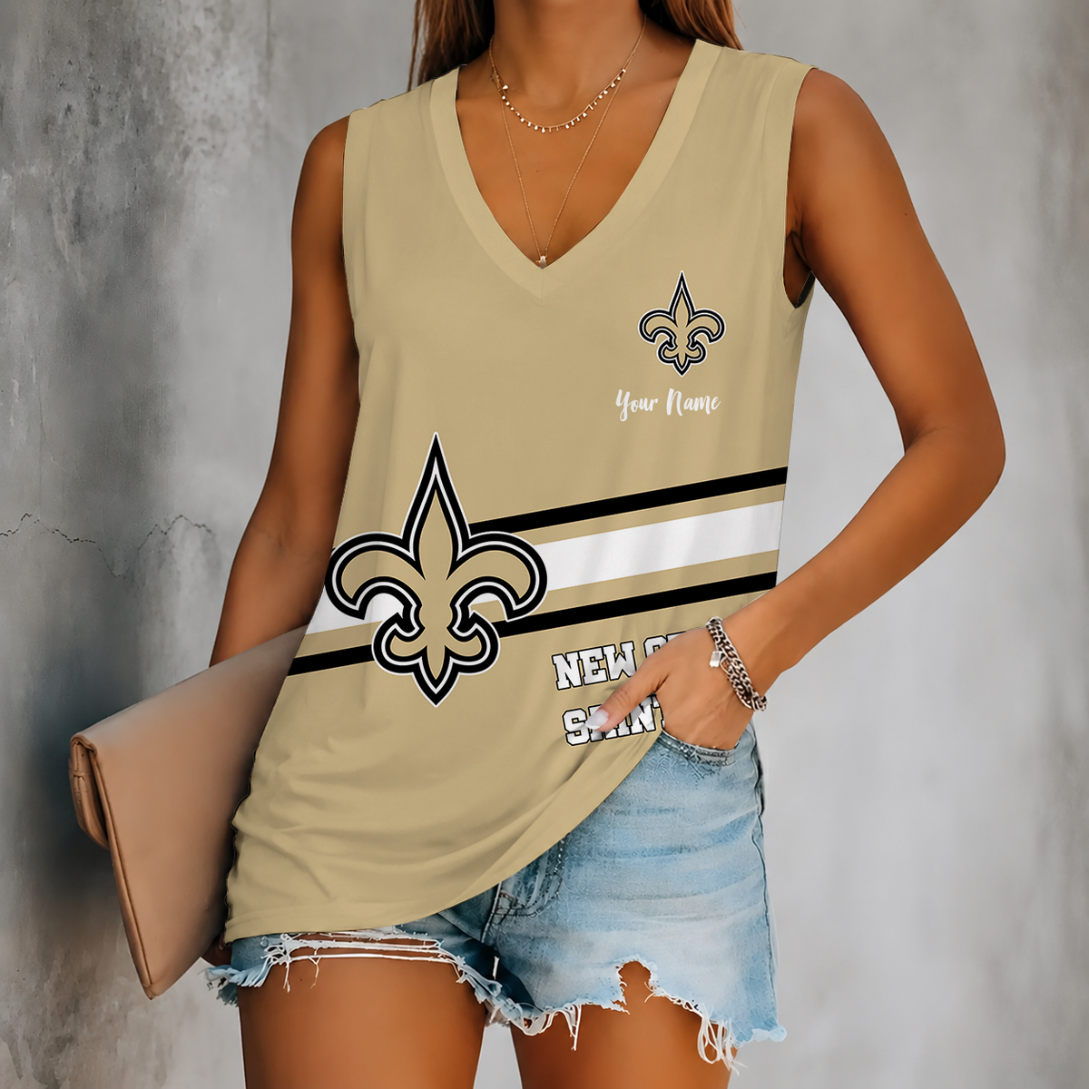 [SPECIAL OFFER] NEW CUSTOMIZED NFL24 NOS NEW ORLEANS SAINTS WOMEN'S V-NECK TANK TOP