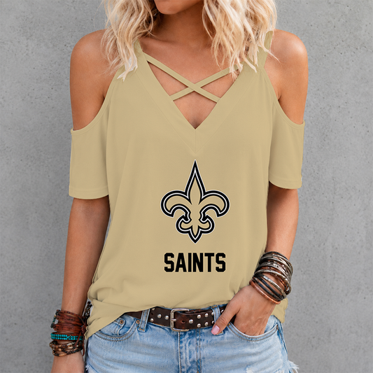 [SPECIAL OFFER] NEW CUSTOMIZED NFL24 NOS NEW ORLEANS SAINTS CRISS CROSS V-NECK TOP