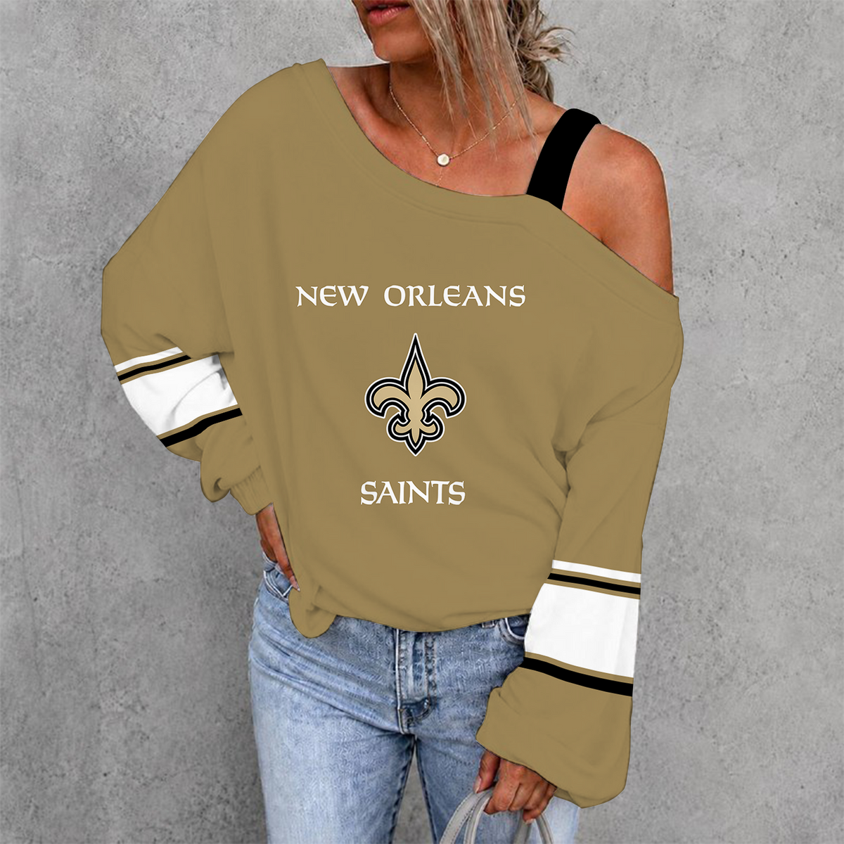 [SPECIAL OFFER] NEW CUSTOMIZED NFL24 NOS NEW ORLEANS SAINTS WOMEN'S OFF-SHOULDER LONG SLEEVE SHIRT