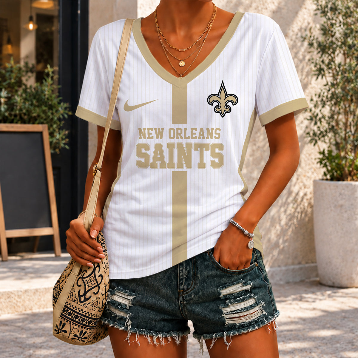 [SPECIAL OFFER] NEW CUSTOMIZED NFL24 NOS NEW ORLEANS SAINTS V-NECK FEMALE SHIRT