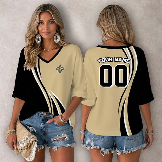 [SPECIAL OFFER] NEW CUSTOMIZED NFL24 NOS NEW ORLEANS SAINTS WOMEN'S HEART V-NECK LONG SLEEVE SHIRT