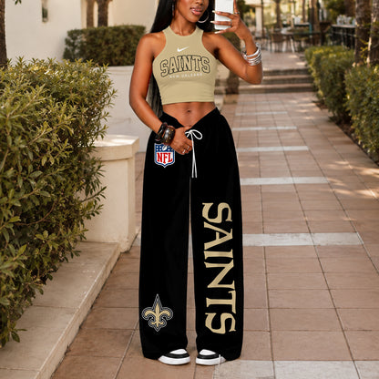 [SPECIAL OFFER] NEW CUSTOMIZED NFL24 NOS NEW ORLEANS SAINTS WOMEN'S CROP TOP & LONGPANTS SET