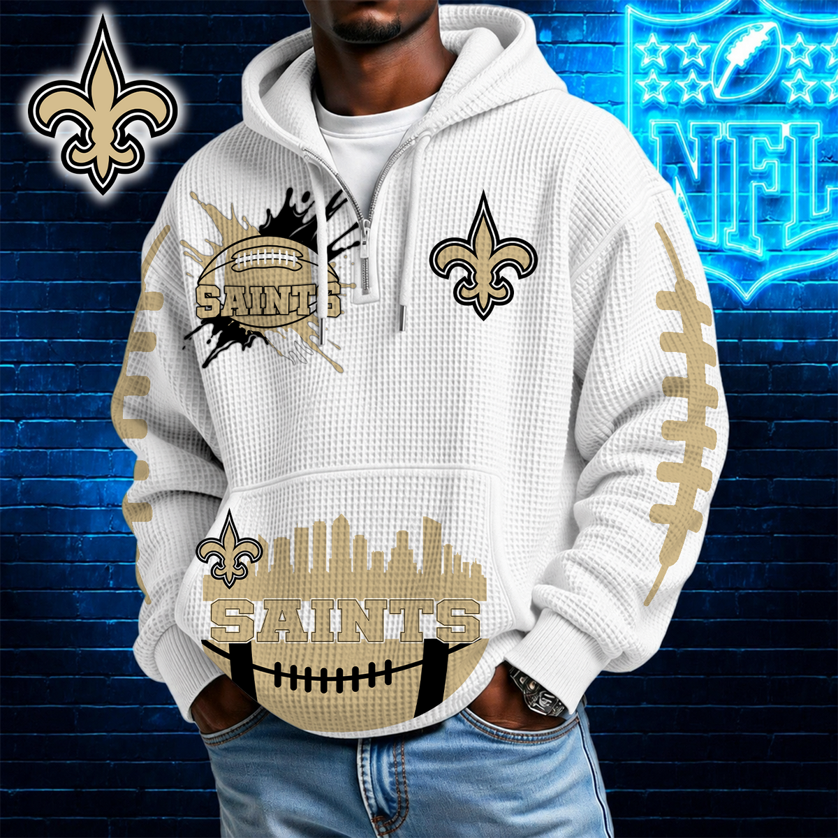 [SPECIAL OFFER] NEW CUSTOMIZED NFL24 NOS NEW ORLEANS SAINTS WAFFLE FULL ZIP HOODIE