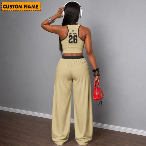 [SPECIAL OFFER] NEW CUSTOMIZED NFL24 NOS NEW ORLEANS SAINTS WOMEN'S CROP TOP & LONGPANTS SET