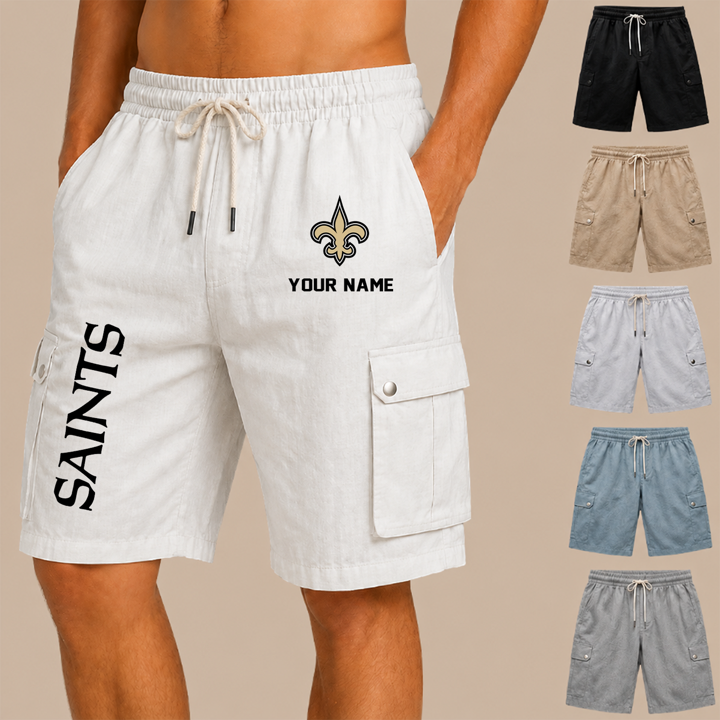 [SPECIAL OFFER] NEW CUSTOMIZED NFL24 NOS NEW ORLEANS SAINTS MEN'S DRAWSTRING CARGO SHORTS