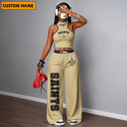 [SPECIAL OFFER] NEW CUSTOMIZED NFL24 NOS NEW ORLEANS SAINTS WOMEN'S CROP TOP & LONGPANTS SET