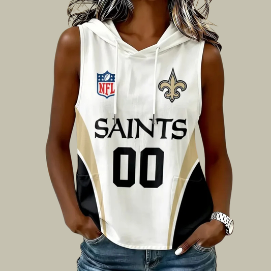 [SPECIAL OFFER] NEW CUSTOMIZED NFL24 NOS NEW ORLEANS SAINTS WOMEN'S SLEEVELESS HOODED POCKET TANK TOP