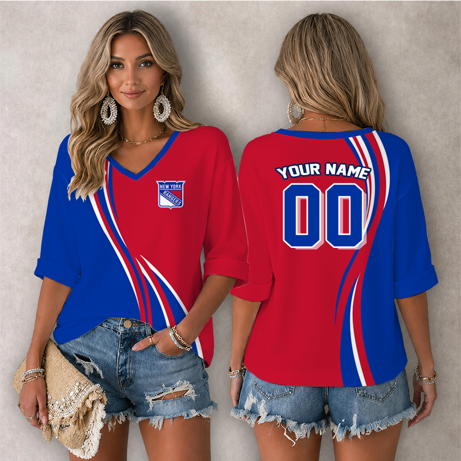 [SUPER SALE] NEW CUSTOMIZED NHL24 NYR NEW YORK RANGERS WOMEN'S HEART V-NECK LONG SLEEVE SHIRT