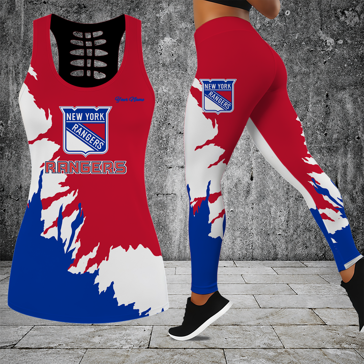 [SUPER SALE] NEW CUSTOMIZED NHL24 NYR NEW YORK RANGERS HOLLOW TANK TOP & LEGGINGS SET