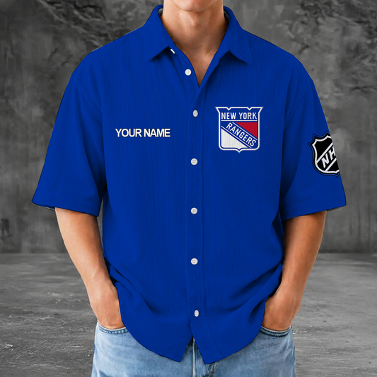 [SUPER SALE] NEW CUSTOMIZED NHL24 NYR NEW YORK RANGERS SEERSUCKER BUTTON SHIRT