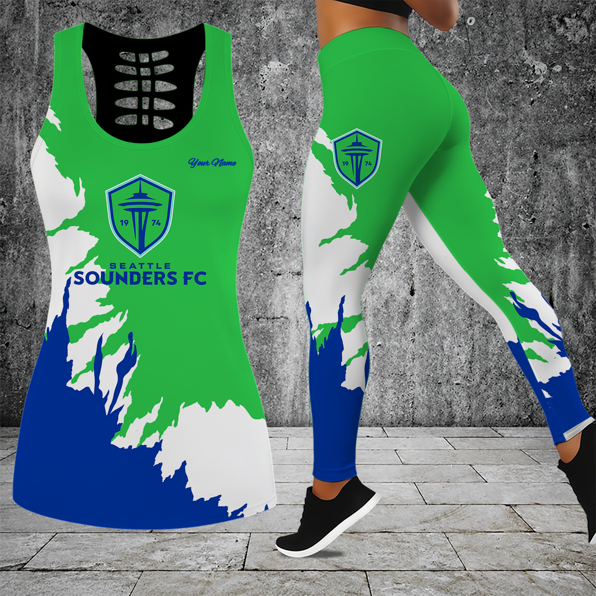 [FAN EXCLUSIVE] NEW CUSTOMIZED MLS24 SSF SEATTLE SOUNDERS FC HOLLOW TANK TOP & LEGGINGS SET