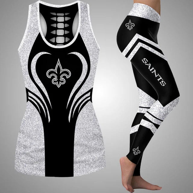 [SPECIAL OFFER] NEW CUSTOMIZED NFL24 NOS NEW ORLEANS SAINTS HOLLOW TANK TOP & LEGGINGS SET