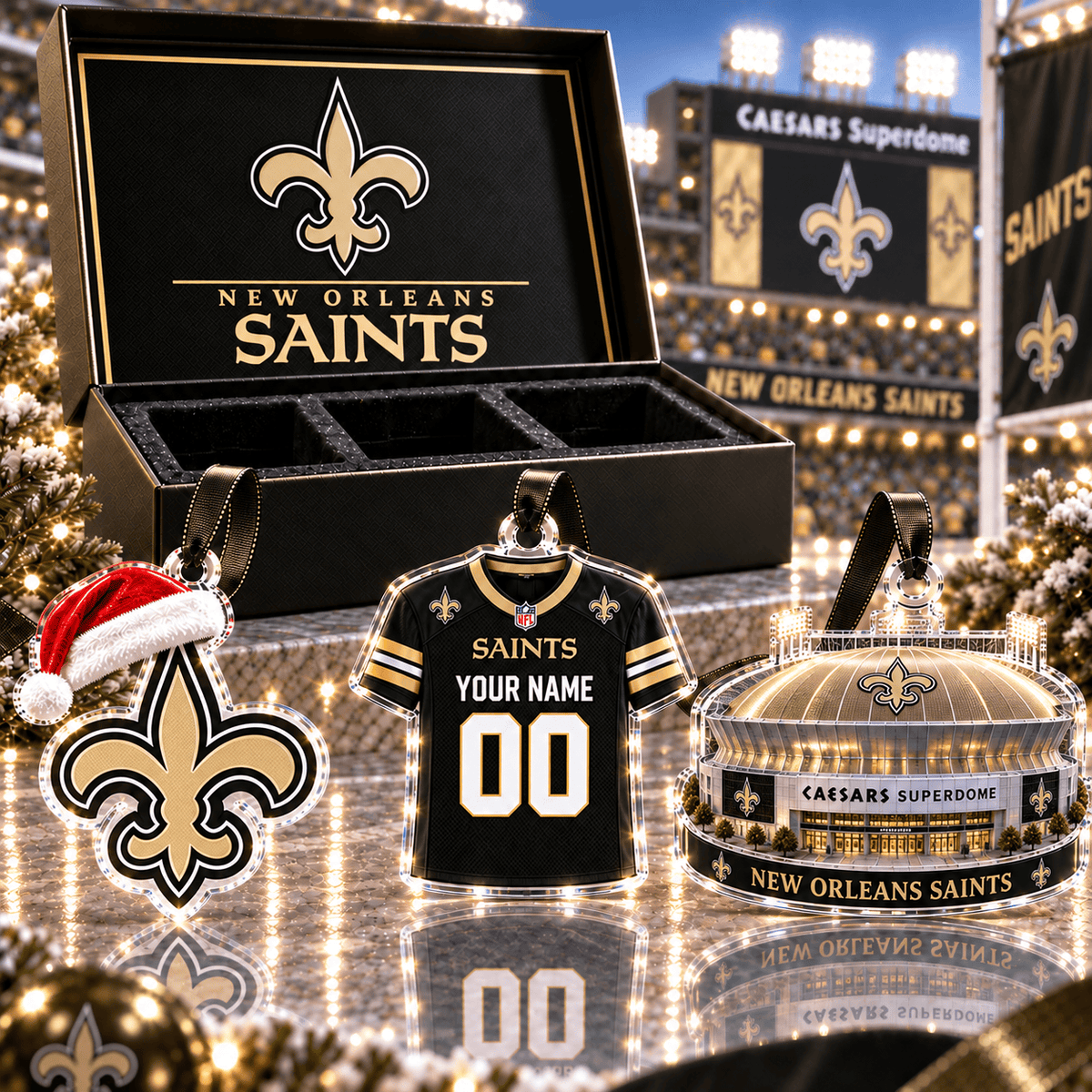 [FULL SET 3 ITEMS - NO BOX] NEW CUSTOMIZED NFL24 NOS NEW ORLEANS SAINTS CHRISTMAS ACRYLIC ORNAMENT