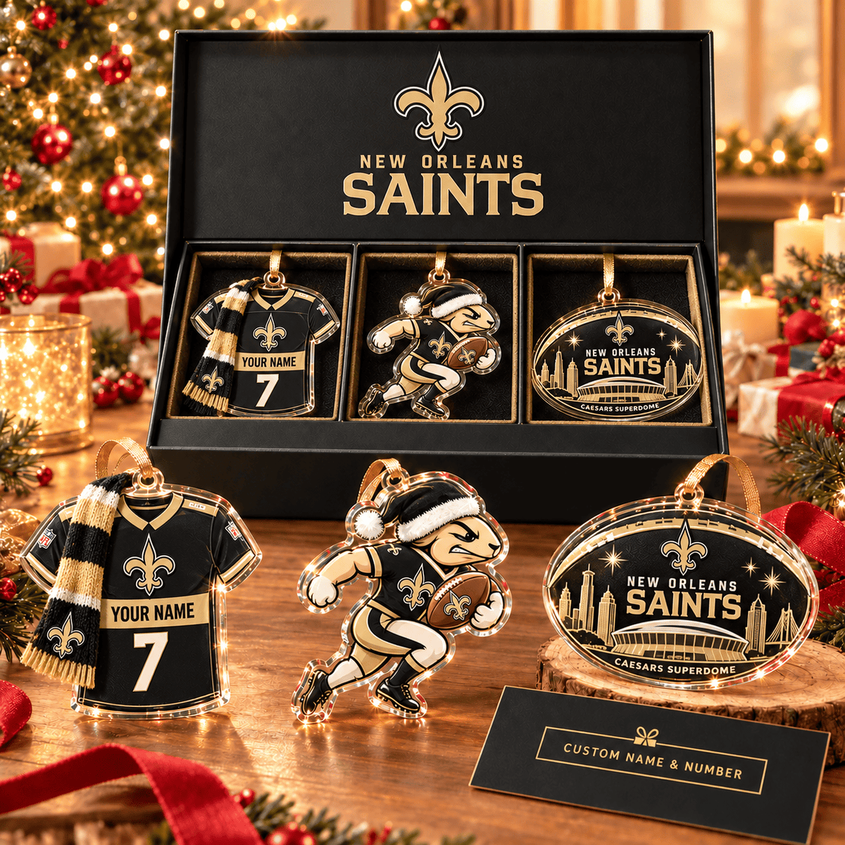 [FULL SET 3 ITEMS - NO BOX] NEW CUSTOMIZED NFL24 NOS NEW ORLEANS SAINTS CHRISTMAS ACRYLIC ORNAMENT