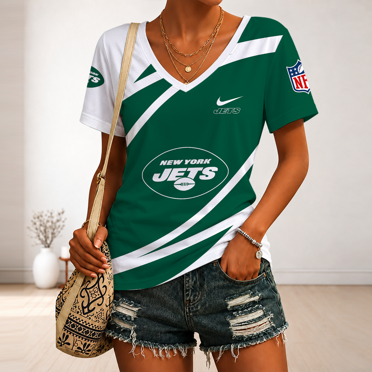 [SPECIAL OFFER] NEW CUSTOMIZED NFL25 NYJ NEW YORK JETS V-NECK FEMALE SHIRT