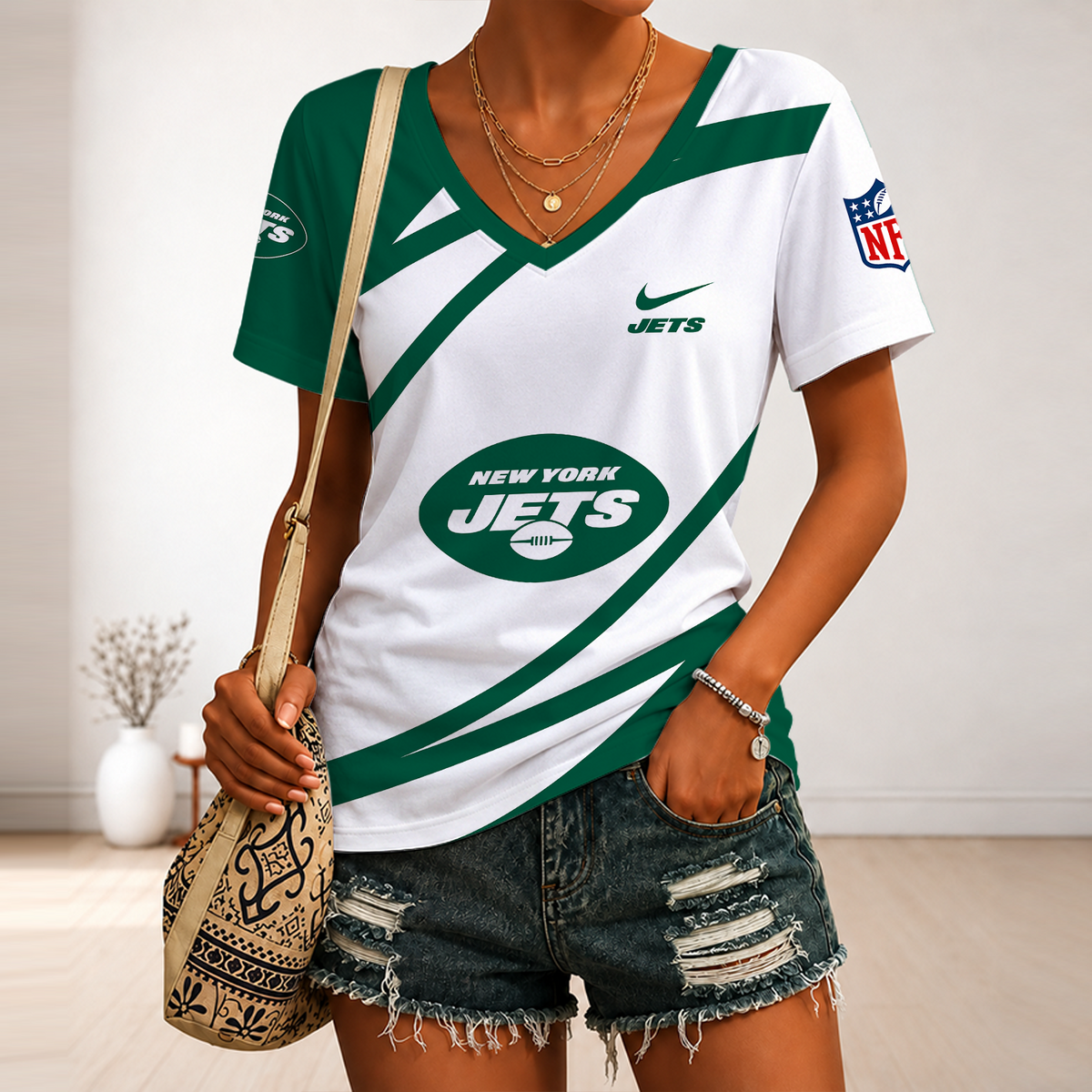 [SPECIAL OFFER] NEW CUSTOMIZED NFL25 NYJ NEW YORK JETS V-NECK FEMALE SHIRT