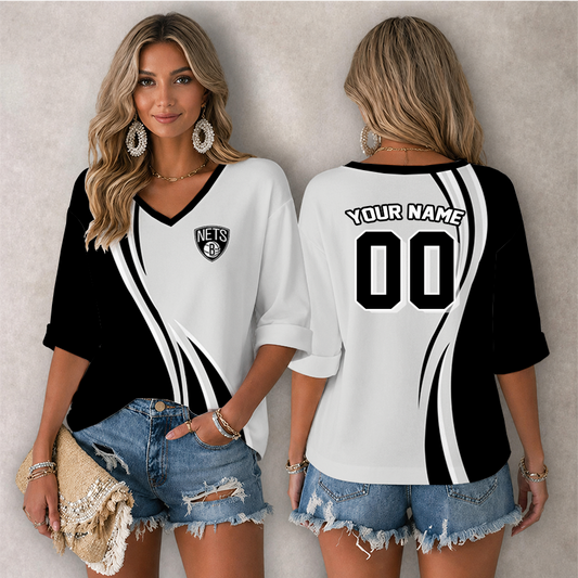 [HOT DEAL] NEW CUSTOMIZED NBA25 BNE BROOKLYN NETS WOMEN'S HEART V-NECK LONG SLEEVE SHIRT