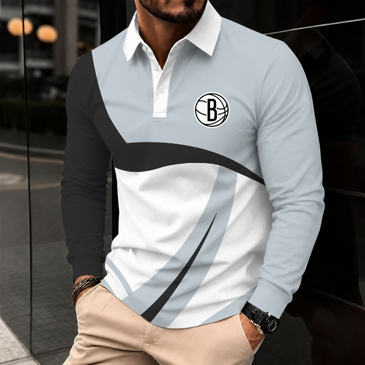 [HOT DEAL] NEW CUSTOMIZED NBA25 BNE BROOKLYN NETS MEN LONG SLEEVE POLO