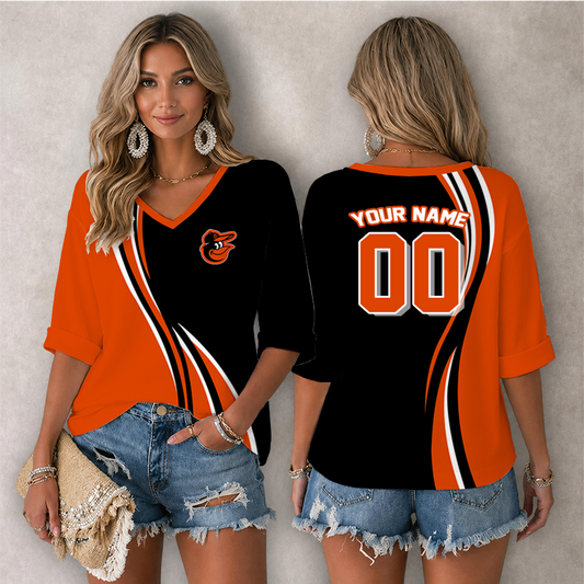 [FLASH SALE] NEW CUSTOMIZED MLB25 BOS BALTIMORE ORIOLES WOMEN'S HEART V-NECK LONG SLEEVE SHIRT