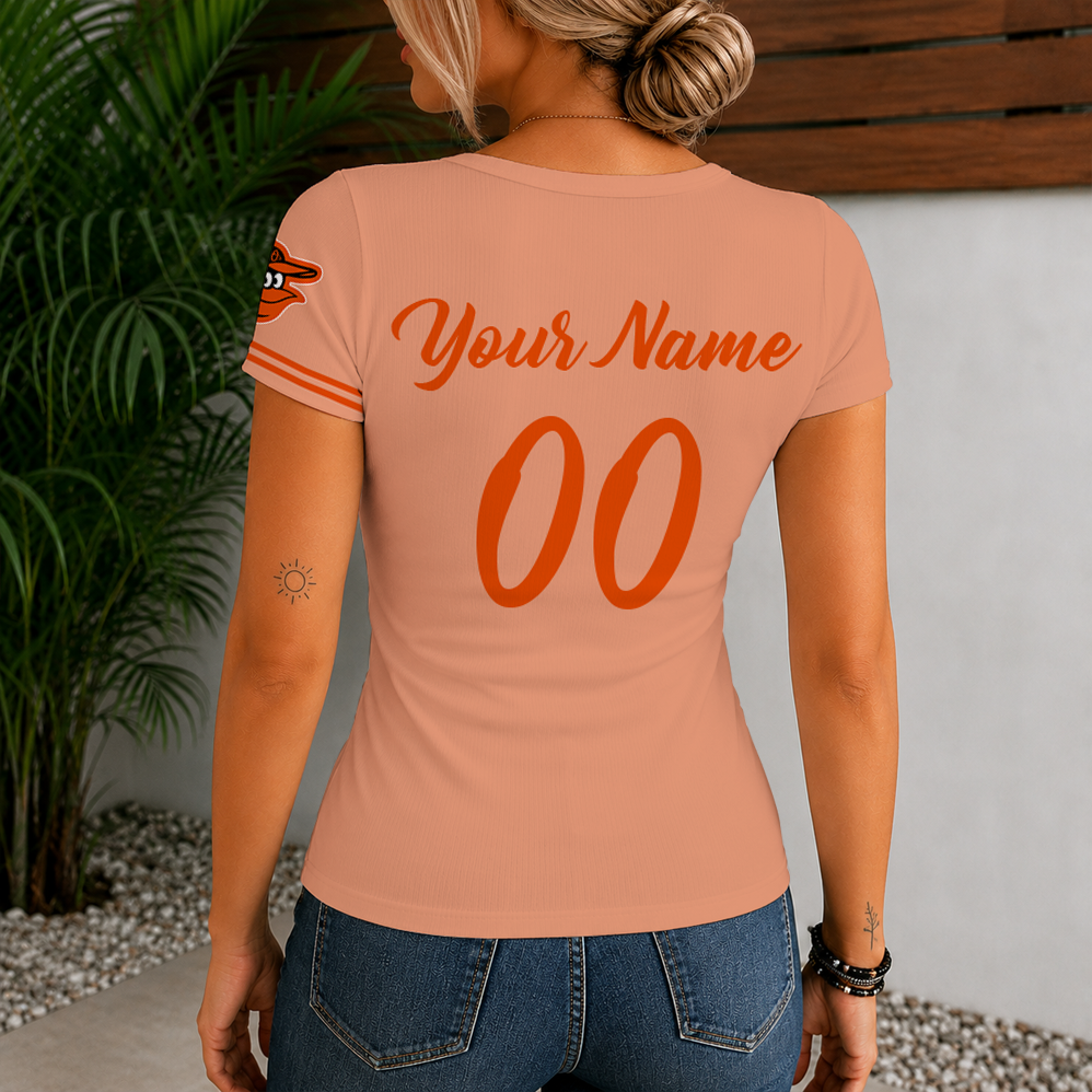 [FLASH SALE] NEW CUSTOMIZED MLB25 BOS BALTIMORE ORIOLES WOMEN'S SHORT SLEEVE HENLEY T-SHIRT