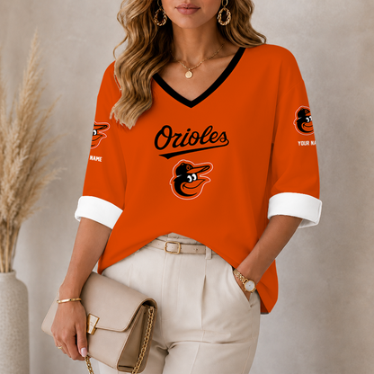 [FLASH SALE] NEW CUSTOMIZED MLB25 BOS BALTIMORE ORIOLES WOMEN'S HEART V-NECK LONG SLEEVE SHIRT