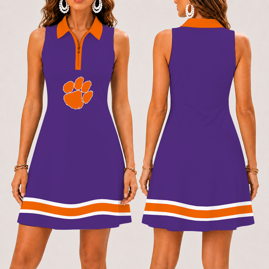 [FAN FAVORITE] NEW CUSTOMIZED NCAA CWS25 CST CLEMSON TIGERS WOMEN'S ZIP SLEEVELESS POLO DRESS