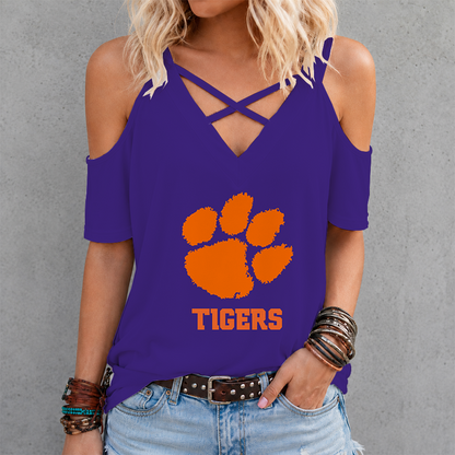 [FAN FAVORITE] NEW CUSTOMIZED NCAA CWS25 CST CLEMSON TIGERS CRISS CROSS V-NECK TOP