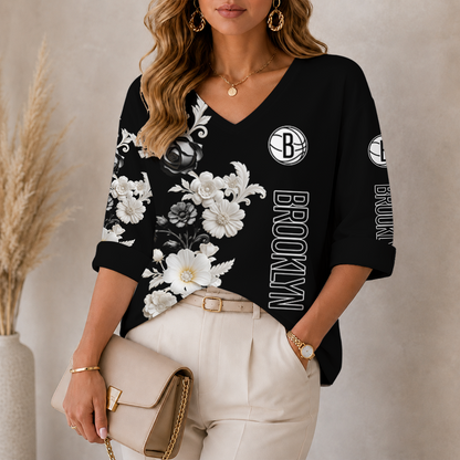 LIMITED EDITION - NEW CUSTOMIZED NBA25 BNE BROOKLYN NETS WOMEN'S V-NECK LONG SLEEVE SHIRT