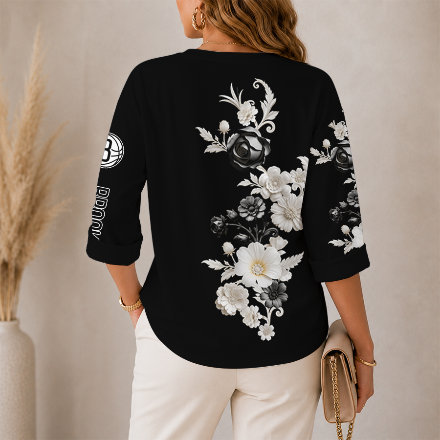 LIMITED EDITION - NEW CUSTOMIZED NBA25 BNE BROOKLYN NETS WOMEN'S V-NECK LONG SLEEVE SHIRT