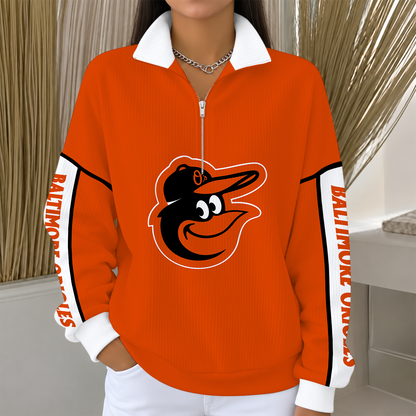 [SPECIAL OFFER] NEW CUSTOMIZED MLB25 BOS BALTIMORE ORIOLES QUARTER ZIP RIBBED SWEATER
