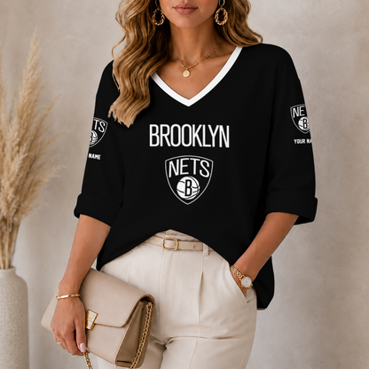 [HOT DEAL] NEW CUSTOMIZED NBA25 BNE BROOKLYN NETS WOMEN'S HEART V-NECK LONG SLEEVE SHIRT