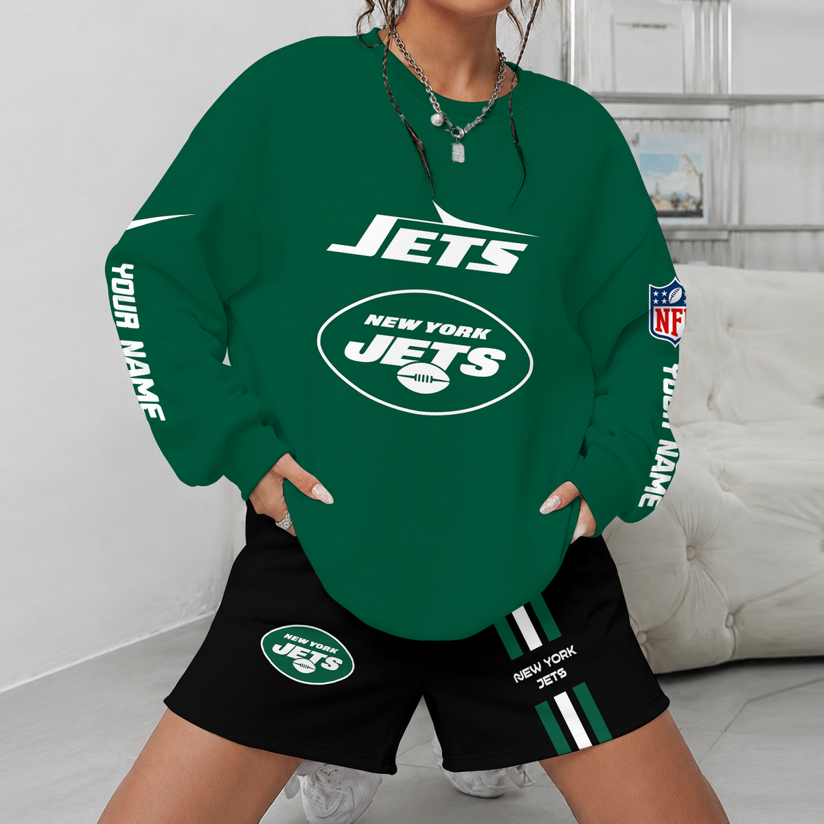 [SPECIAL OFFER] NEW CUSTOMIZED NFL25 NYJ NEW YORK JETS UNISEX SWEATSHIRT & SHORTS SET