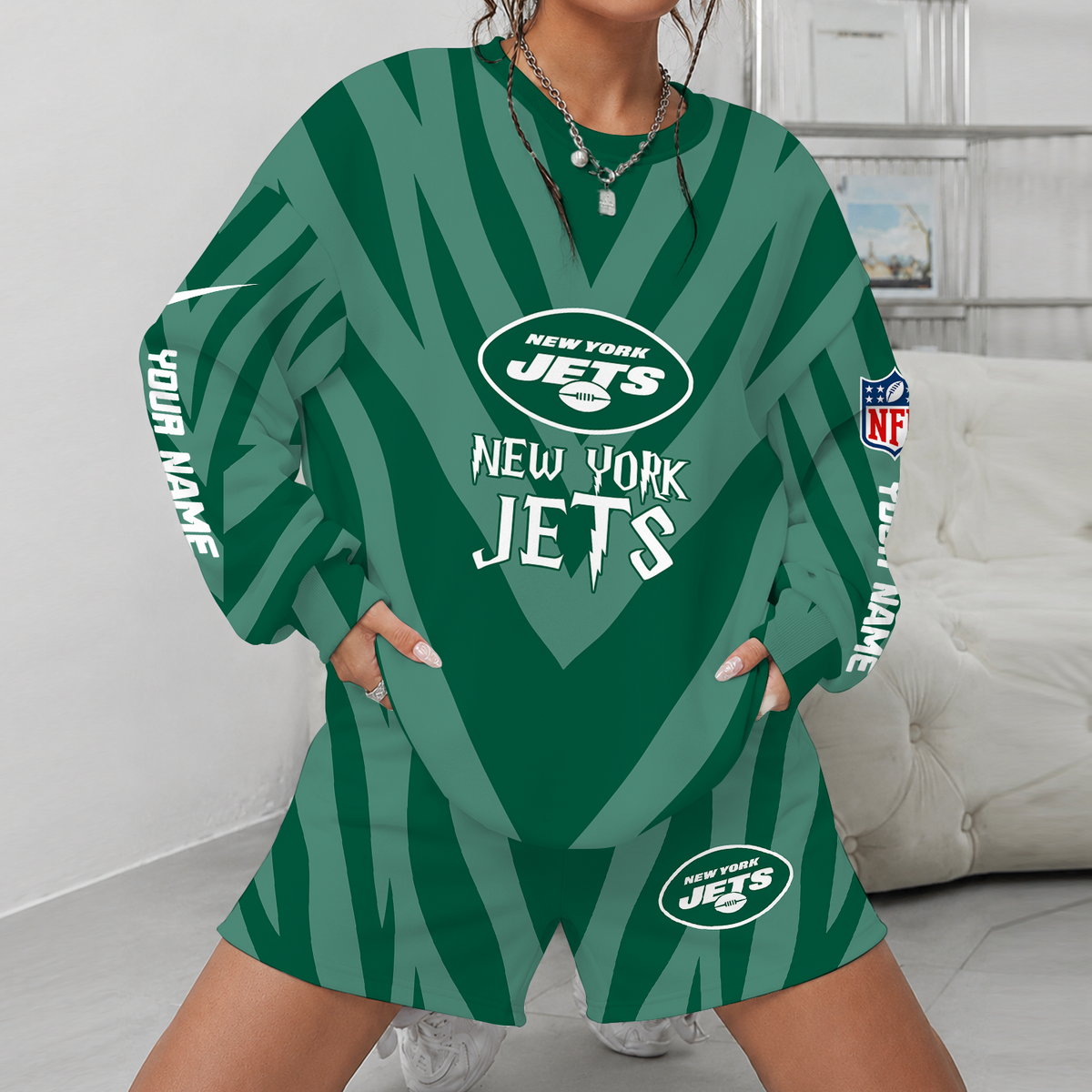 [SPECIAL OFFER] NEW CUSTOMIZED NFL25 NYJ NEW YORK JETS UNISEX SWEATSHIRT & SHORTS SET