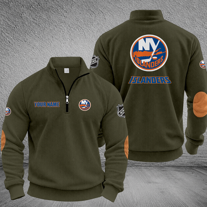 [SUPER SALE] NEW CUSTOMIZED NHL25 NYI NEW YORK ISLANDERS MULTICOLOR STRIPED QUATER ZIP SWEATSHIRT