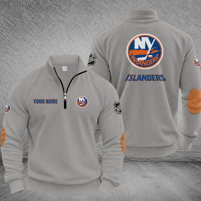 [SUPER SALE] NEW CUSTOMIZED NHL25 NYI NEW YORK ISLANDERS MULTICOLOR STRIPED QUATER ZIP SWEATSHIRT