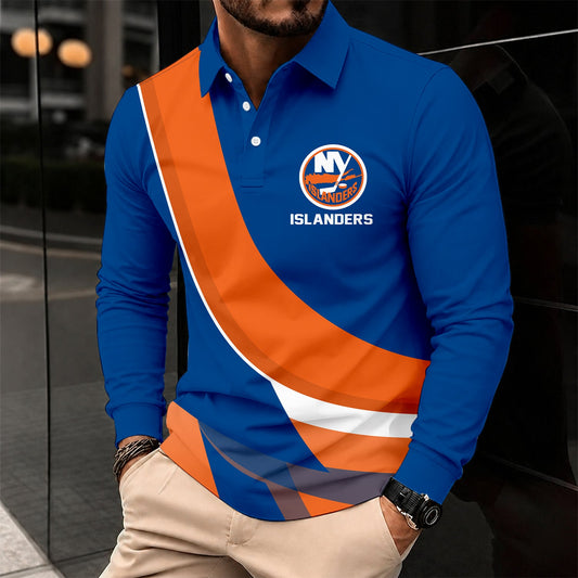 [SUPER SALE] NEW CUSTOMIZED NHL25 NYI NEW YORK ISLANDERS MEN LONG SLEEVE POLO