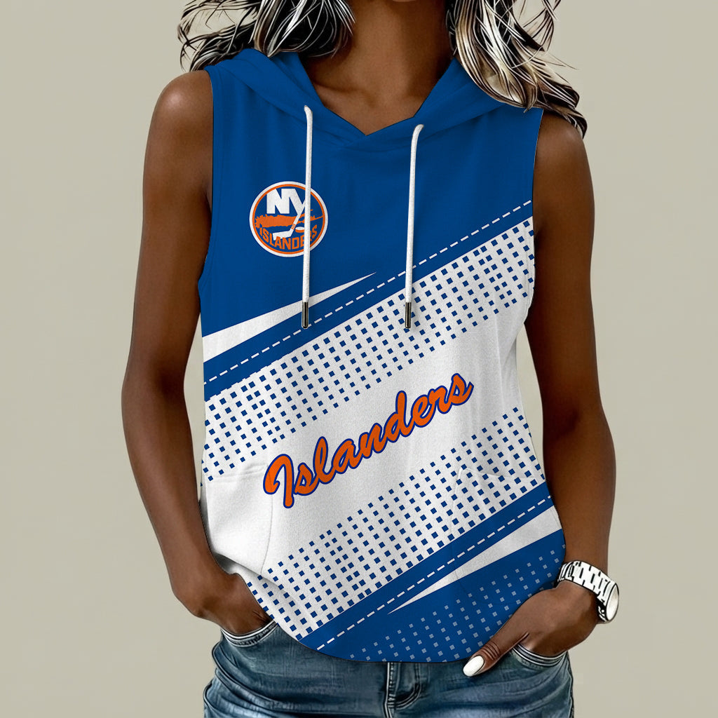 [SUPER SALE] NEW CUSTOMIZED NHL25 NYI NEW YORK ISLANDERS WOMEN'S SLEEVELESS HOODED POCKET TANK TOP