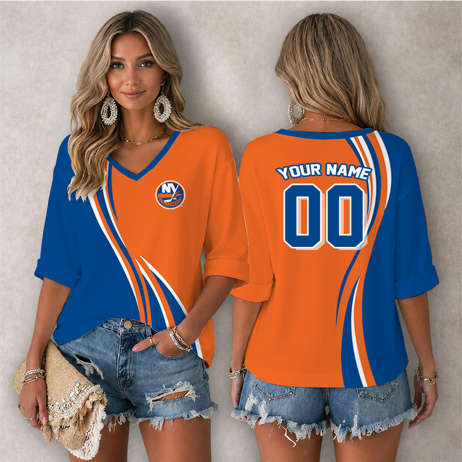 [SUPER SALE] NEW CUSTOMIZED NHL25 NYI NEW YORK ISLANDERS WOMEN'S HEART V-NECK LONG SLEEVE SHIRT