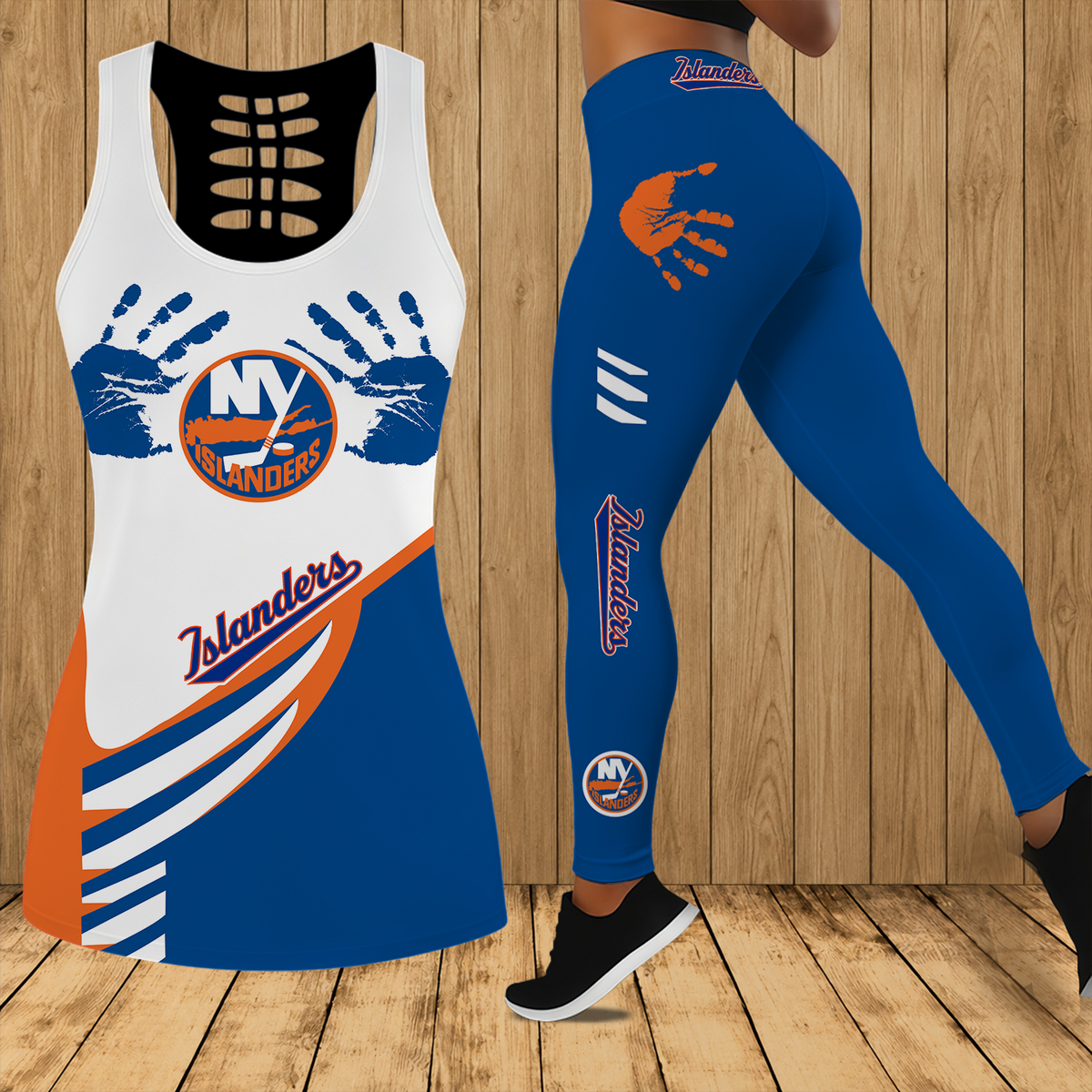 [SUPER SALE] NEW CUSTOMIZED NHL25 NYI NEW YORK ISLANDERS HOLLOW TANK TOP & LEGGINGS SET