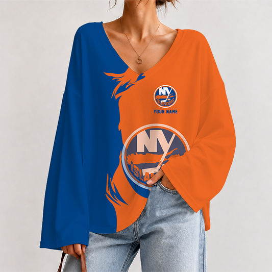 [SUPER SALE] NEW CUSTOMIZED NHL25 NYI NEW YORK ISLANDERS V-NECK LONG SLEEVED CROP TOP