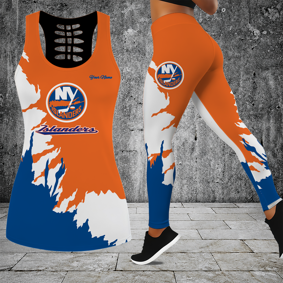 [SUPER SALE] NEW CUSTOMIZED NHL25 NYI NEW YORK ISLANDERS HOLLOW TANK TOP & LEGGINGS SET