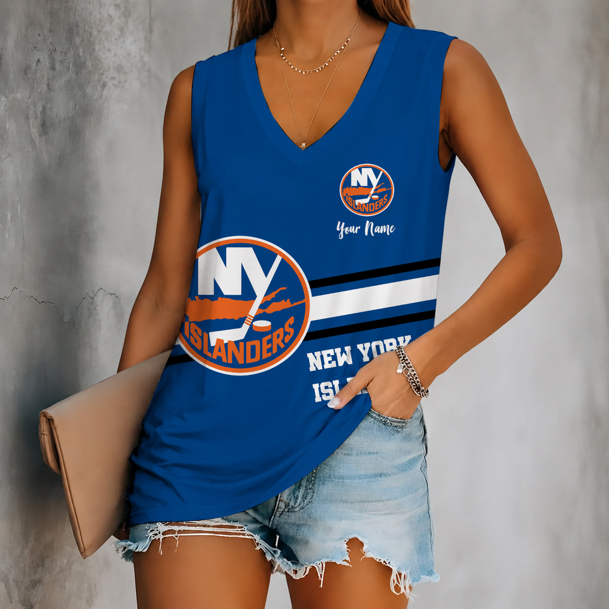 [SUPER SALE] NEW CUSTOMIZED NHL25 NYI NEW YORK ISLANDERS WOMEN'S V-NECK TANK TOP